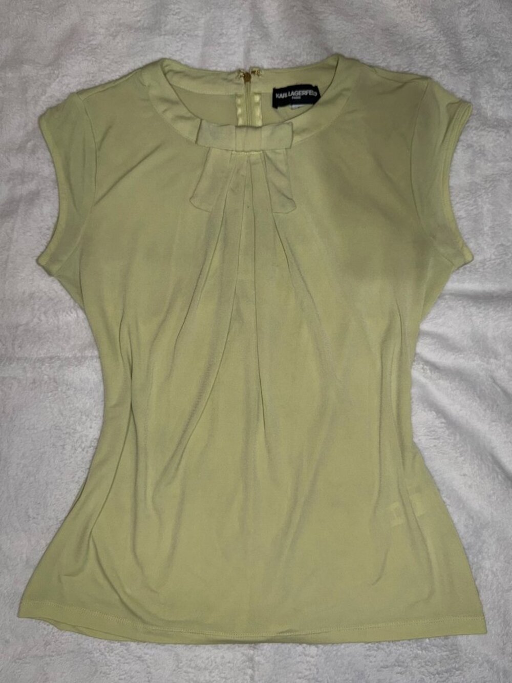 Karl Lagerfeld Paris Pleated Bow Cap Sleeve Blouse Lime Yellow S/M